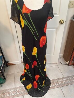 Black Floral Maxi Dress with Red & Yellow Blooms Sz XL